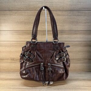 Y2K B. Makowsky Brown Leather Embossed Shoulder Bag Purse Silver Pockets